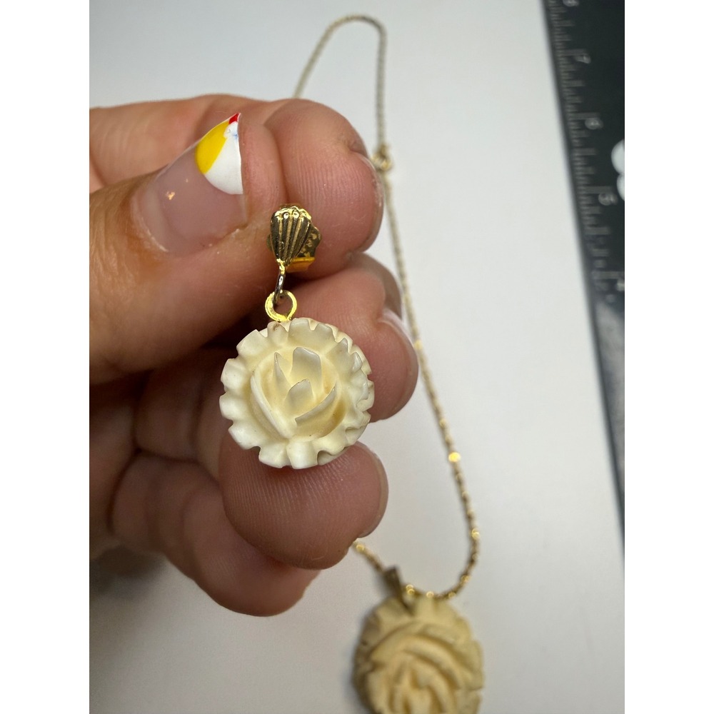 Carved Rose Floral Pendant Necklace and Stud Earrings Set Gold Tone Korea